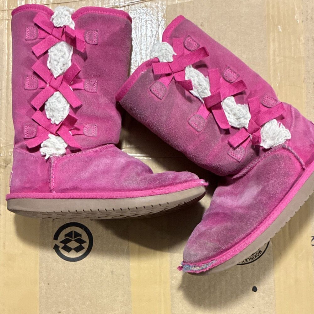 Koolaburra by UGG Girls Pink Mid-Calf Faux Fur Lined Bow Boots US‎ 1 EU 32.5